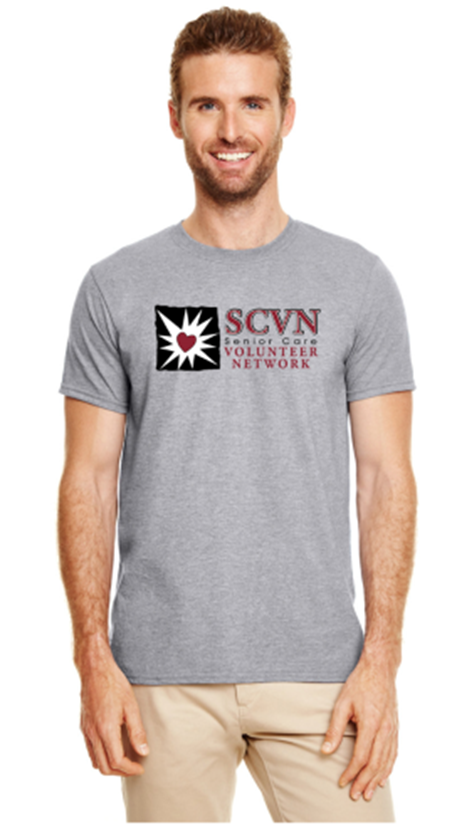 Male wearing a short sleeve grey t-shirt with SCVN logo